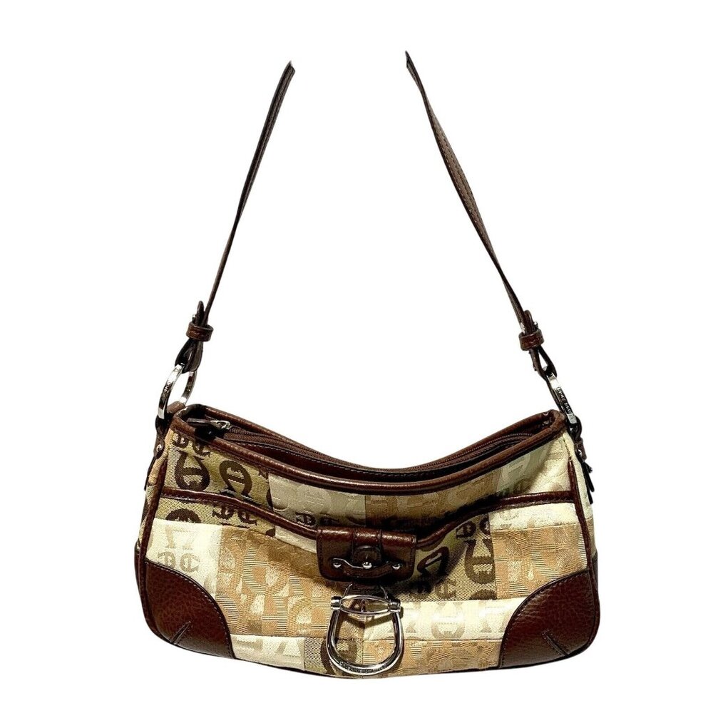 ETIENNE AIGNER Shoulder Bag Purse Signature Canvas Tan Leather Branded